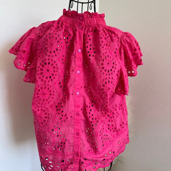 Jennifer + Grace Pink Eyelet Lace Ruffle Short Flutter Sleeve Cotton Blouse M - Picture 4 of 8